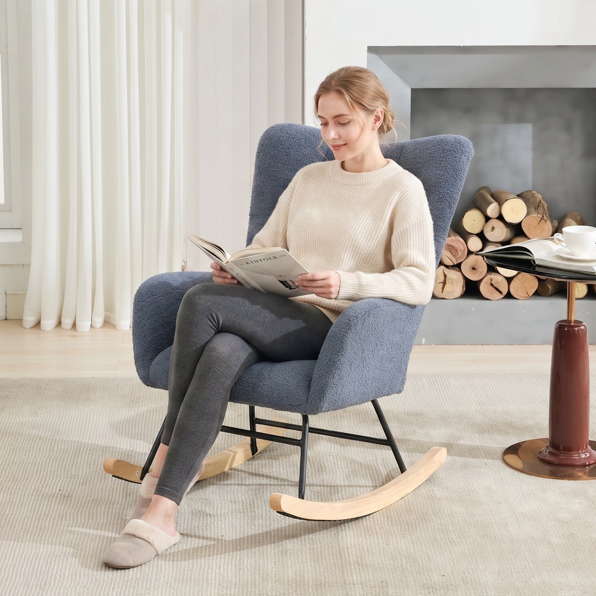 Leumius Rocking Chair Nursery,Teddy Upholstered Glider Rocker with High Backrest,Modern Rocking Accent Chairs Glider Recliner for Living Room, Nursery, Bedroom,Navy