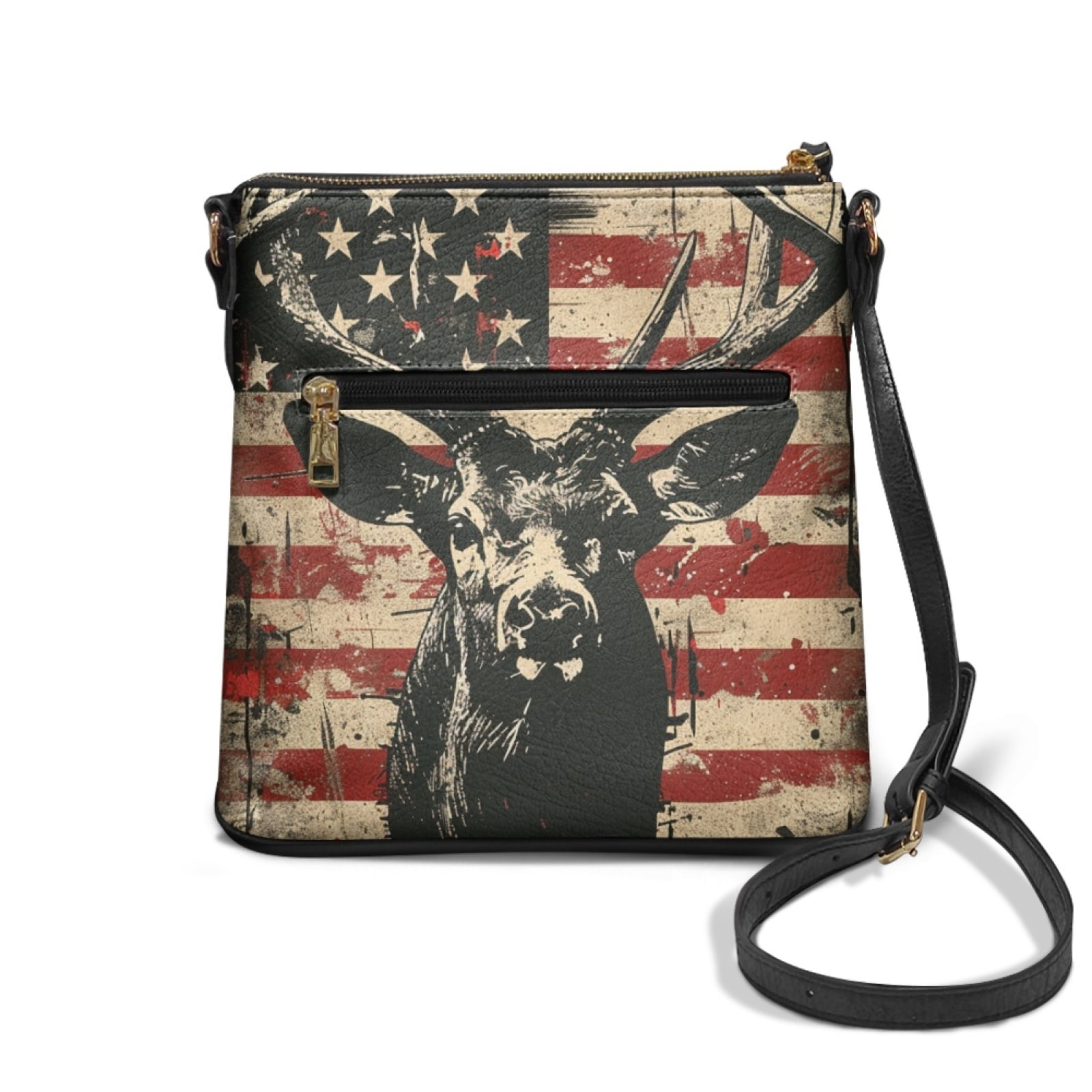 LedBack American Flag Deer Print Leather Satchel Bags for Women Medium Size Shoulder Handbag with Adjustable Strap, Crossbody Hobo Bag Multi Pocket Purse for Travel Work, Red