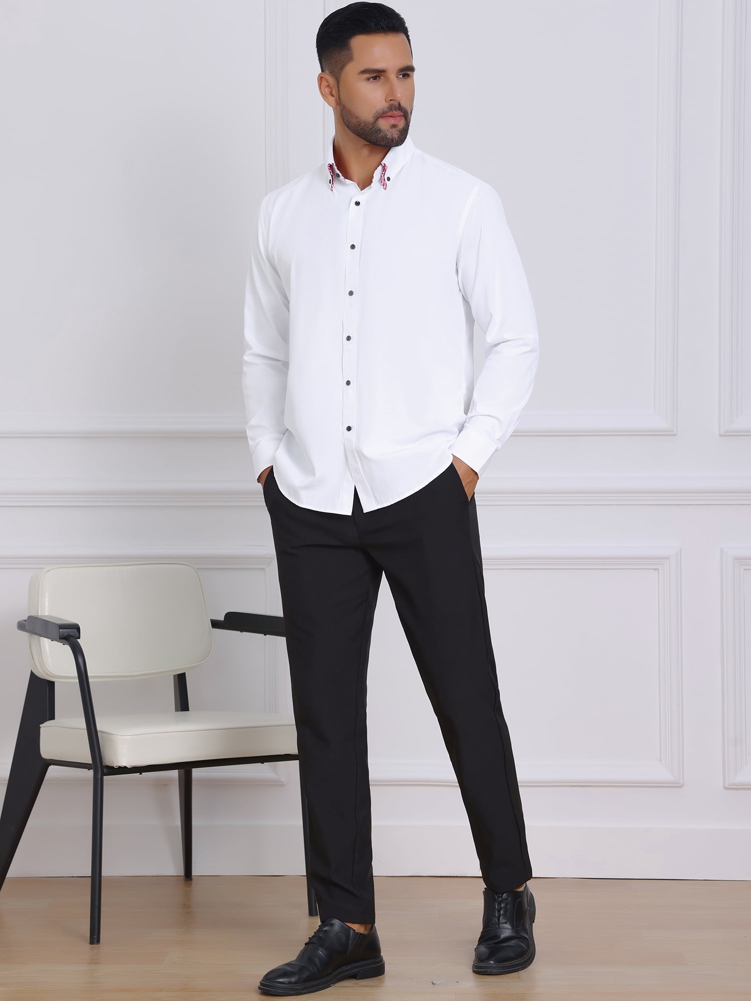 DARING DIVA Men's Contrasting Color Collar Long Sleeve Button Down Shirts S White