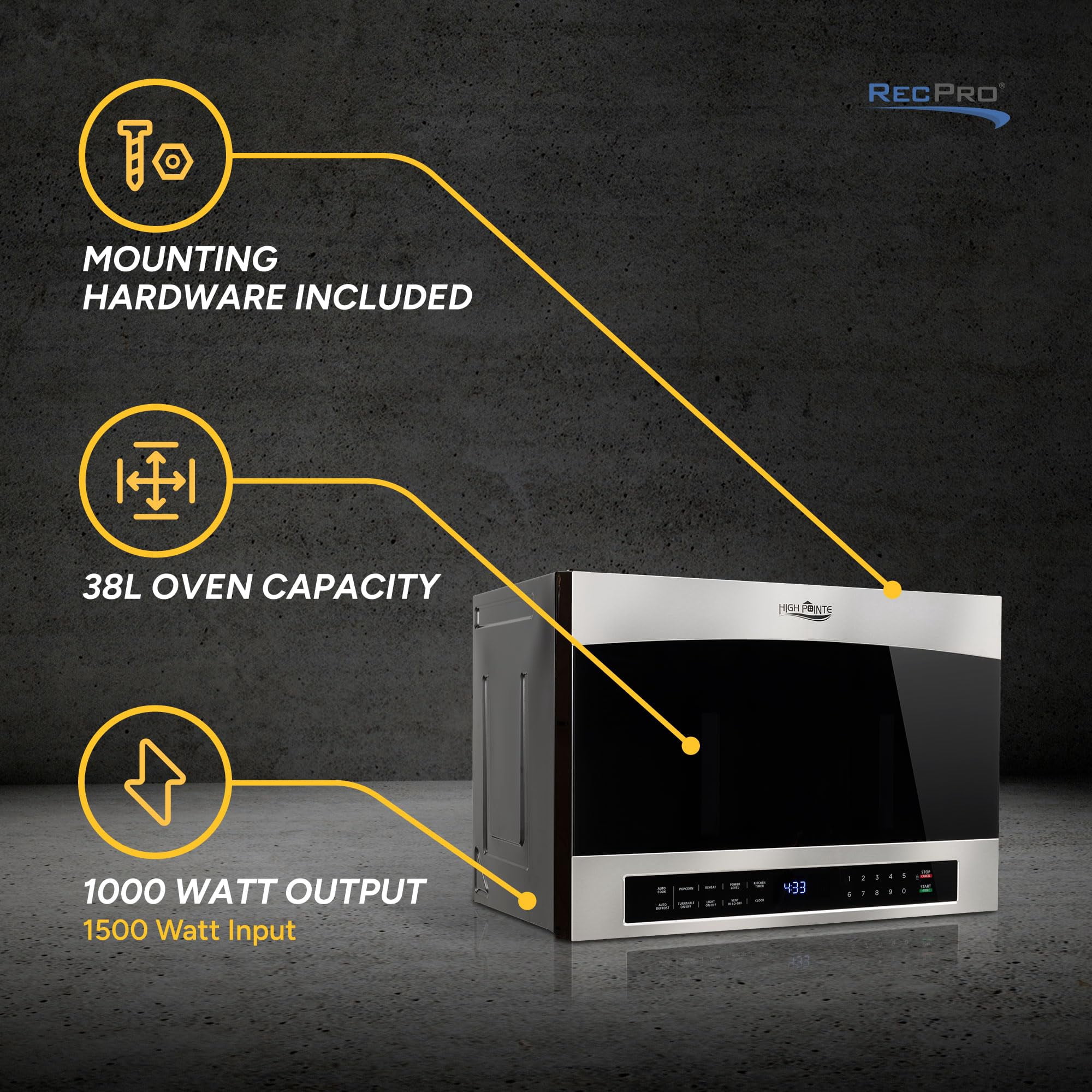 RecPro RV High Pointe 24" Stainless Steel Over the Range Microwave | 1.4 Cu. Ft. | 38L Capacity | 1000 Watts | 13.5" Turntable