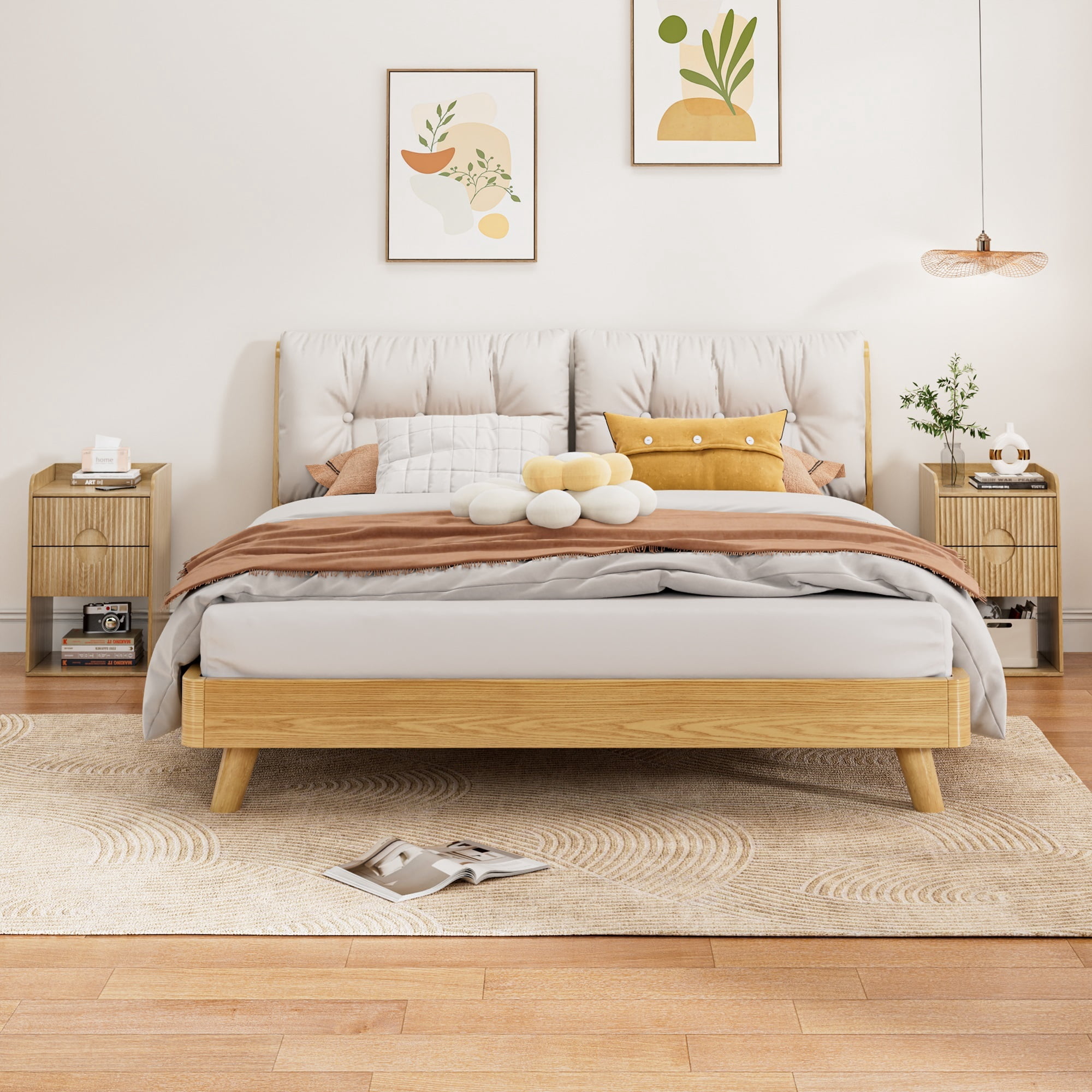 Nightstand Set of 2, End Table with Drawer, Fluted Side Table with Storage, Small bedside Table for Bedroom, Wood