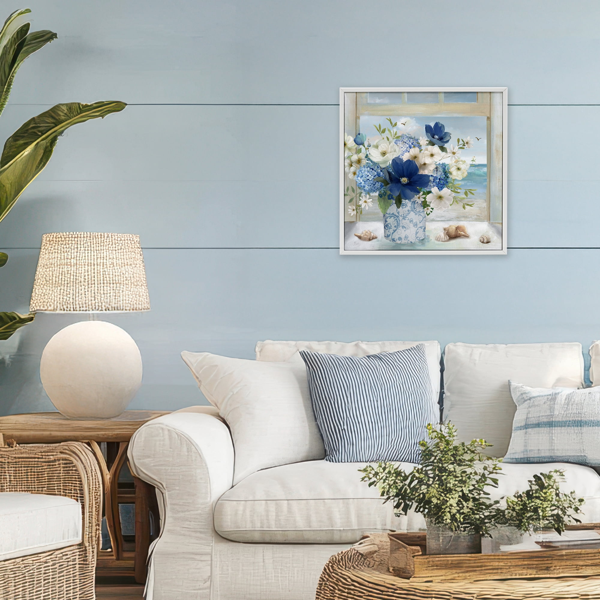 Stupell Industries Seaside Blue & White Arrangement White Framed Giclee Art, design by Nan