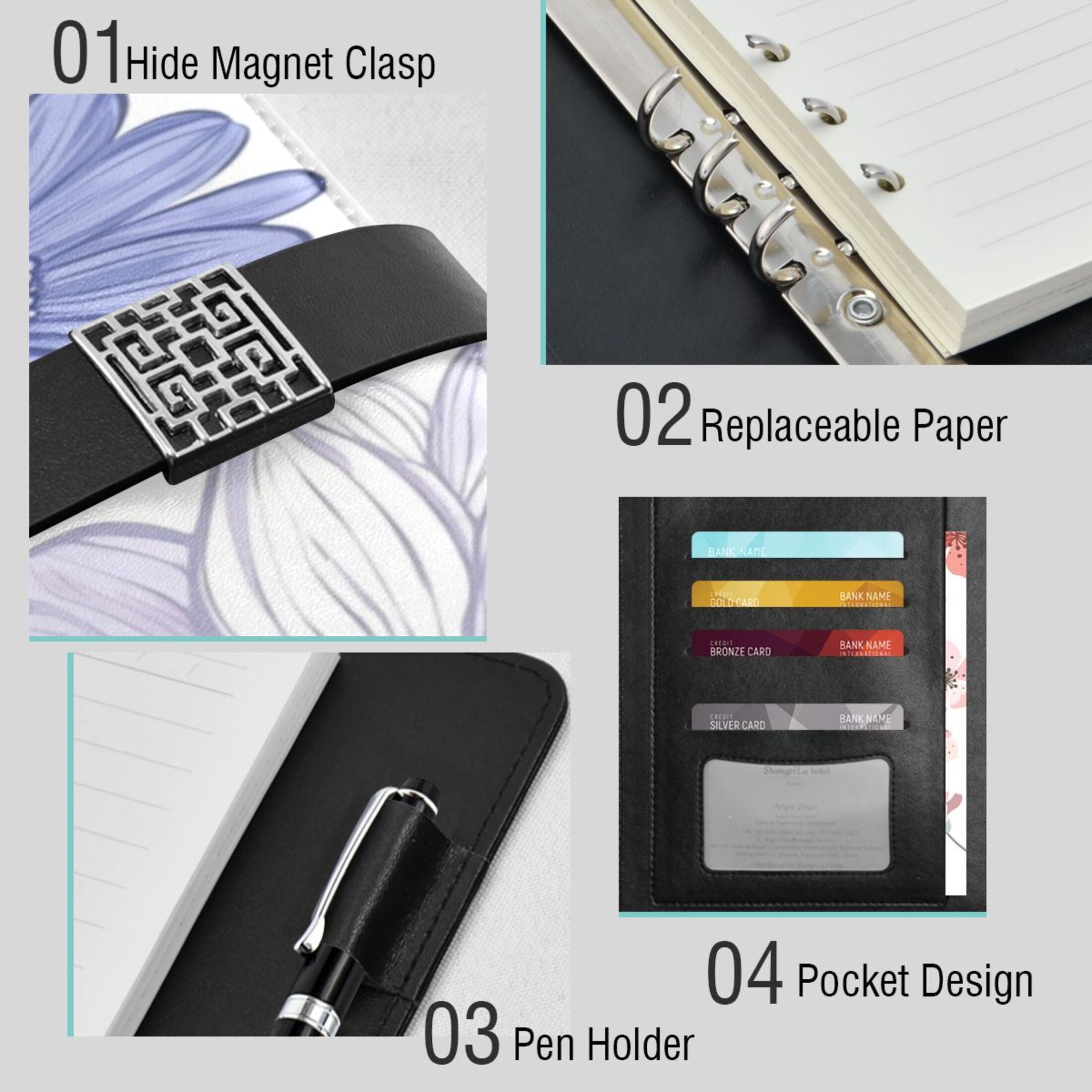 9.2x6.7 inch Leather Notebook 100 Sheets, Multi-Pocket Design & Pen Loop Large Daisy Flowers Refillable Journal Organizer