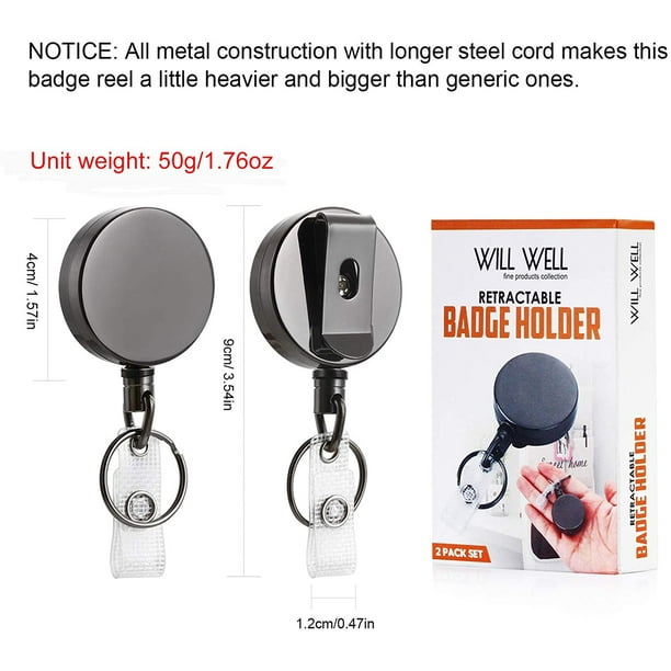 2 Pack Heavy Duty Retractable Badge Holder Reel, Will Well Metal ID Badge Holder With Belt Clip Key Ring For Name Card Keychain All Metal Cg, 27.5