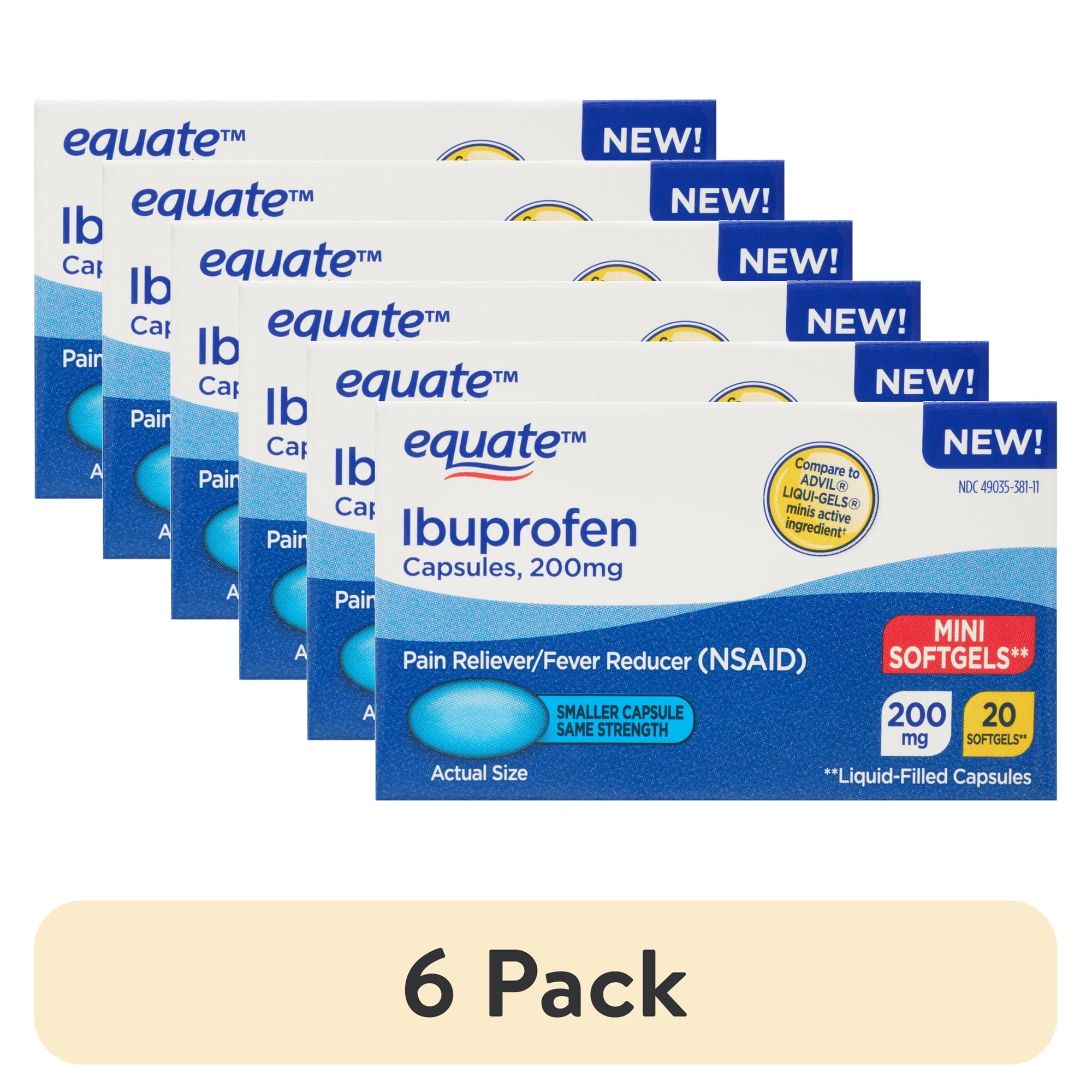 (6 pack) Equate Ibuprofen Mini Liquid Filled Softgel Capsules, 200 mg, Pain Relief & Fever Reducer, 20 Count, Compare to Advil® LIQUI-GELS Minis Active Ingredient