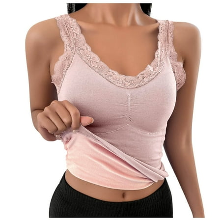 

iOPQO bras for women Women Solid V Neck Lace Trim Padded Vest Tank Thermal Underwear Plus Velvet Base Shirt Pink One Size