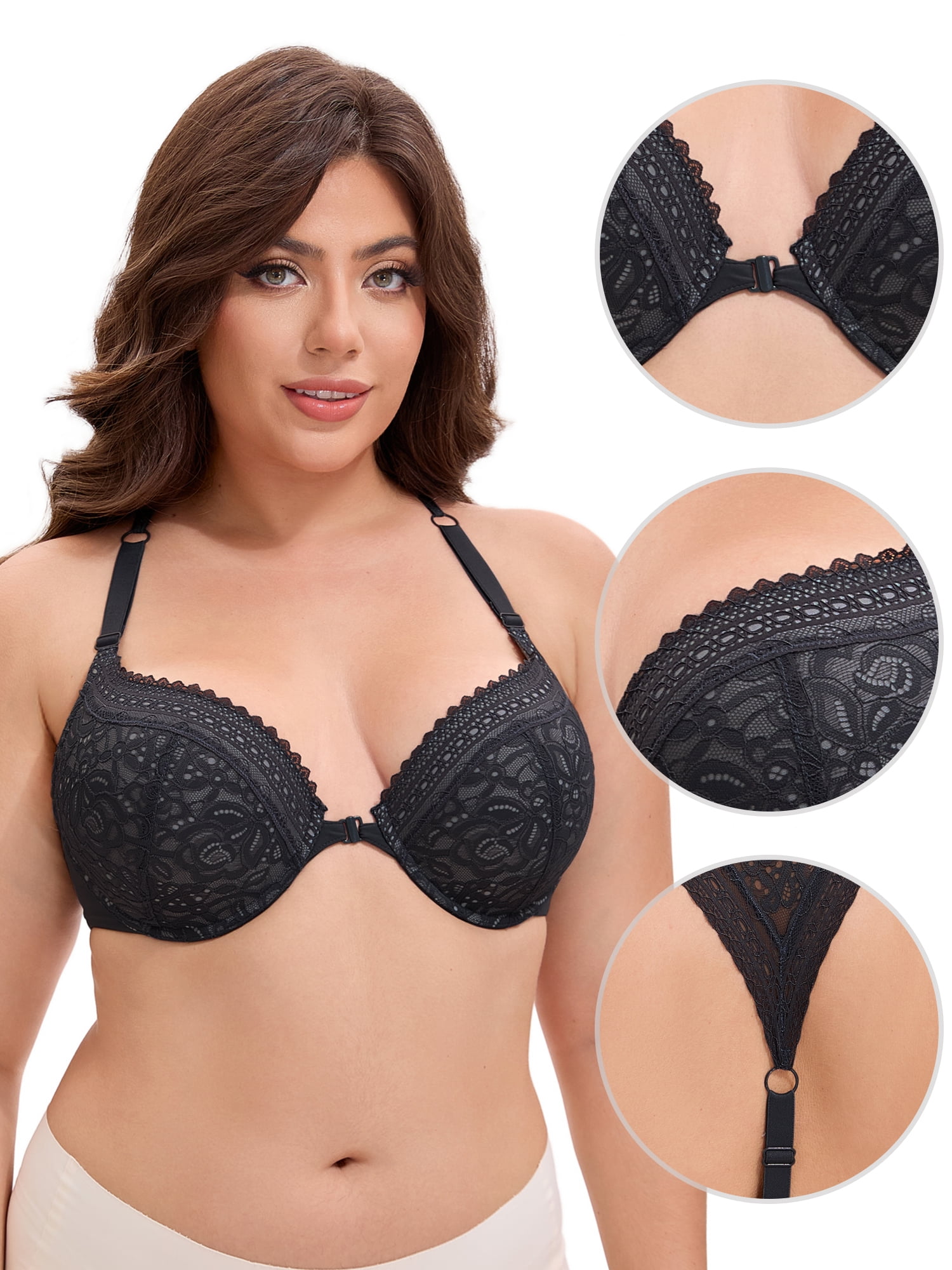 Unique Bargains Women's Lace Front Closure Push Up Underwire Bras Black 40 C