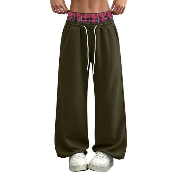 Inleife Women Plaid Double Waist Wide Leg Sweatpants, High Waist Drawstring Loose Fleece Lined Casual Pants with Pockets, Trendy Color Block Lounge Track Pants for Daily Streetwear