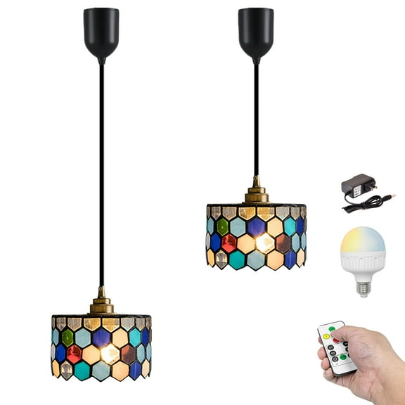Kiven Battery Operated Pendant Light with Remote Control,Set of 2 Rechargeable Hanging Pendant Light Adjustable Height with Glass Lampshade for Bedroom Kitchen Bar Living Room,TB3237-B