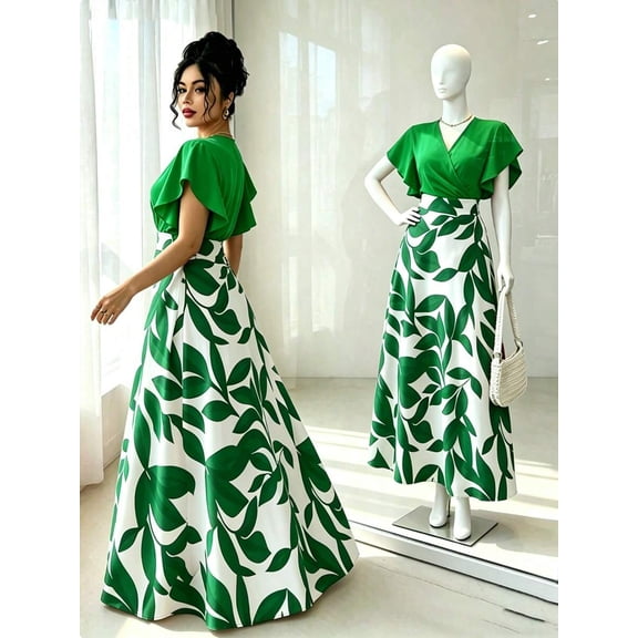 Elegant Green Leaf Pattern Wrap Cap Sleeve Fitted Maxi Dress For Women Spring Summer