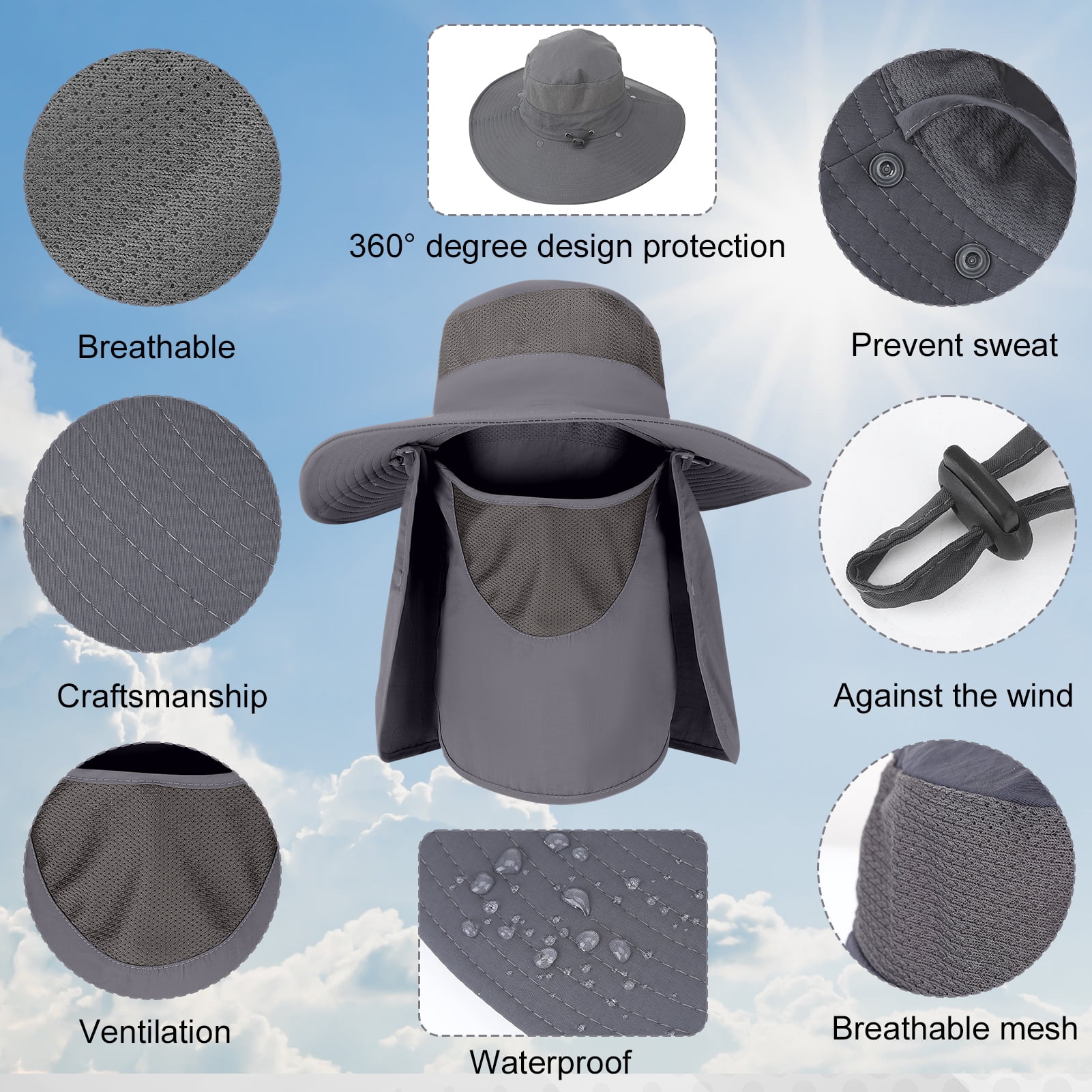 Bocaoying 4 Pack Summer Sun Hat for Men and Women, UPF 50+ Outdoor Fishing Hat with Detachable Face Mask & Neck Cover, Breathable Windproof Wide Brim Bucket Hat for Hiking Cycling Camping