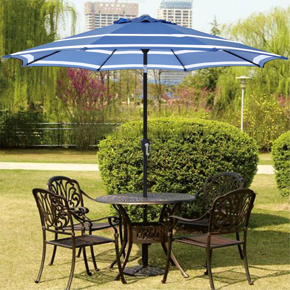 Abble Outdoor 9ft Patio Umbrella with Crank Handle and Push Button Tilt, Outdoor Market Umbrella with 8 Ribs, Blue & White Stripe