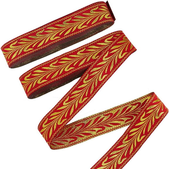 2 Bundle 15.3yard Ethnic Style Jacquard Ribbon 1 Inch Gold Leaf Ribbon Vintage Ribbon Emobridered Woven Ribbon Fabric Trim Fringe for DIY Clothing Accessories Sewing Handmade Bag