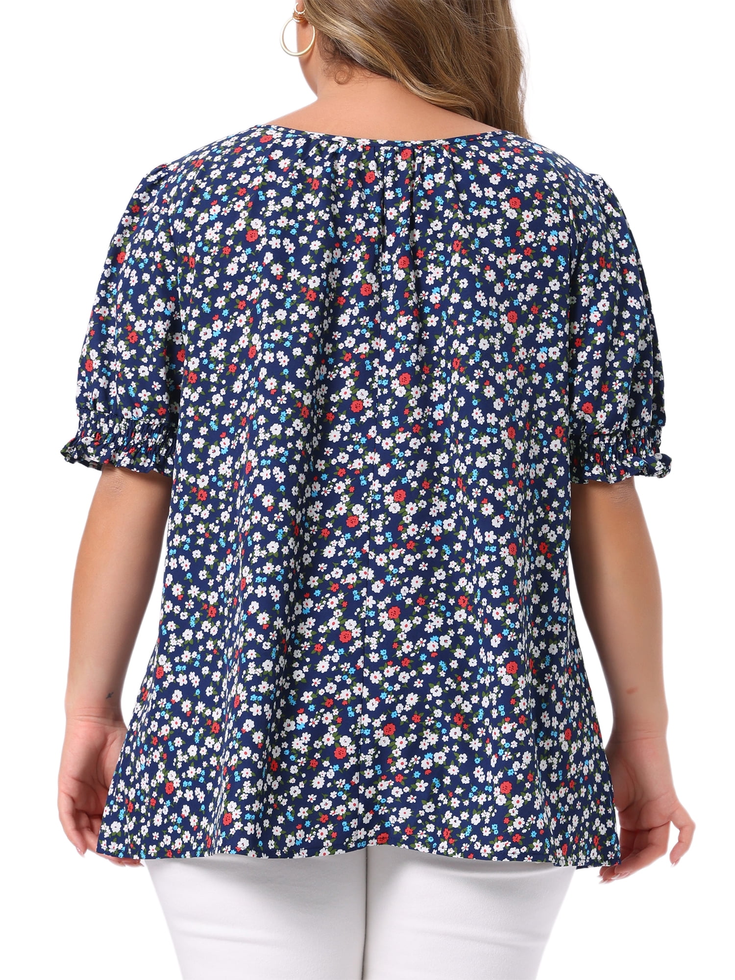 DARING DIVA Women's Plus Tops Scoop Neck Notch V Tie Front  Floral Summer Blouses 2X Blue