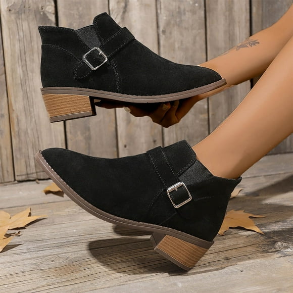 Bmisegm Womens Boots with Heel and Buckles Women's Fall/winter Fashion Suede Buckle Ankle Boots Style Comfortable Slip on Boots Boots for Women Black 7.5