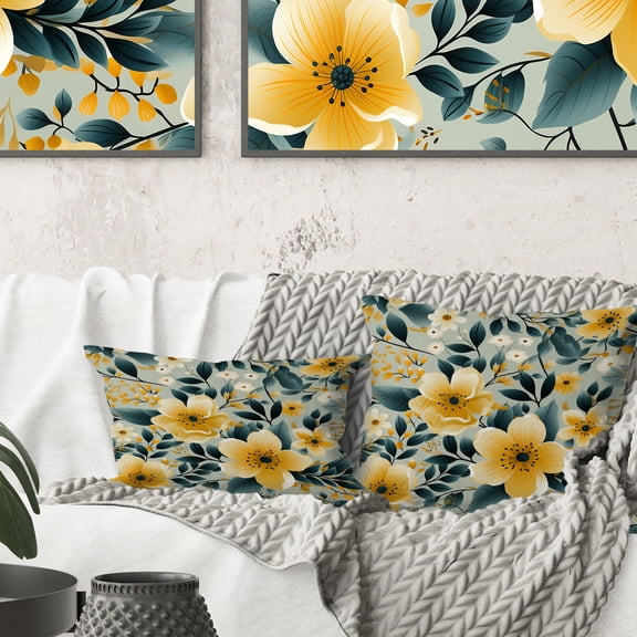 Designart "Cheerful Gingham in Yellow and Teal" Floral Printed Throw Pillow