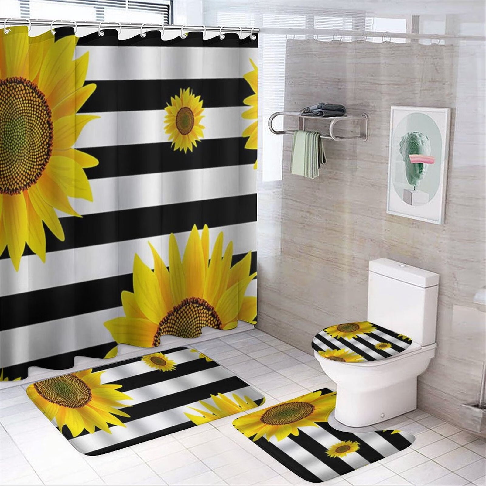 4PCS Sunflower Shower Curtain Set with NonSlip Rugs, Toilet Lid Cover