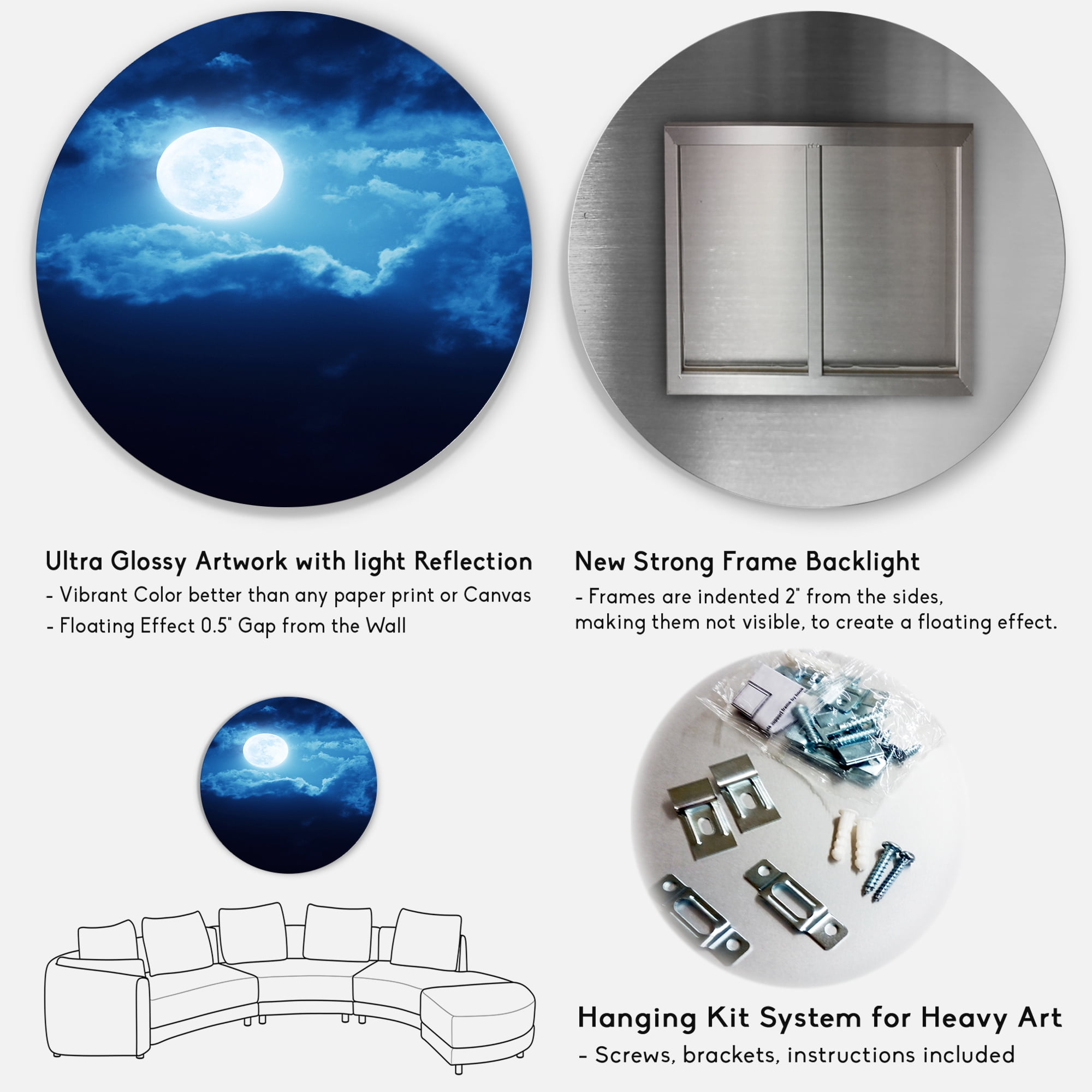 Designart 'Full Moon Night in Cloudy Sky III' Nautical & Coastal Circle Metal Wall Art 36x36 - Disc of 36