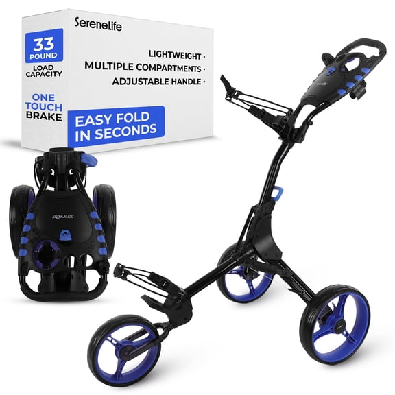 SereneLife SLG3W - Foldable 3-Wheel Golf Push Cart - New Deluxe Scorecard Holder, Upper & Lower Brackets with Elastic Strap