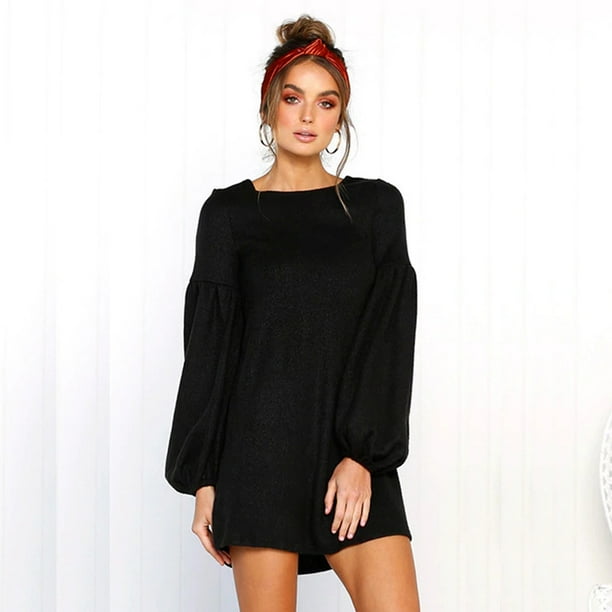 Anself Women Dress Solid Color Knitting Puff Larnter Sleeve Round Neck A Line Shift Mini Casual One Piece Walmart Com Walmart Com