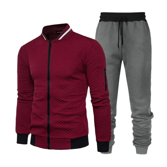 Men's Casual Business Trend Two Piece Set Color Blocked Baseball Jacket with Dark Gray Sweatpants Loose Fit Comfortable Outfit