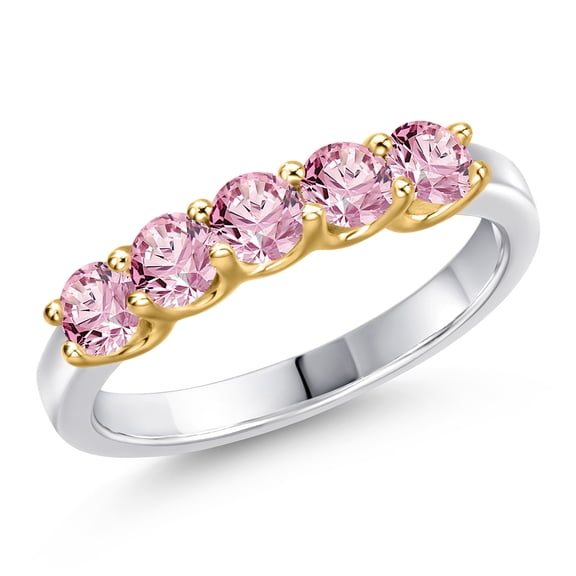 Gem Stone King 925 Silver and 10K Yellow Gold Pink Lab Grown Diamond Engagement Ring for Women | 0.90 Cttw | Round 3.5MM | Gemstone April Birthstone | Size 5