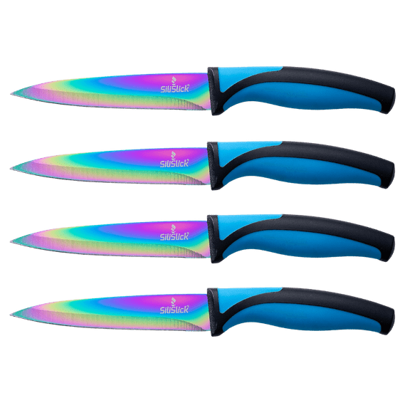 SiliSlick Steak Knife Set - Iridescent/Rainbow Titanium Coated Stainless Steel Knives - 5 inch / 12.7cm - (4 Blue)