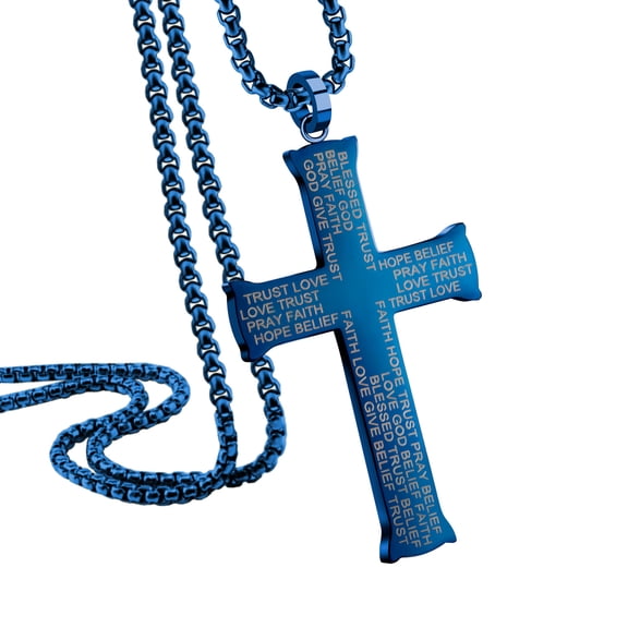 555Jewelry Stainless Steel Cross Necklace for Men, Bible Verse Inspired Evngraving Polished Religious Crucifix Cross Pendant for Men & Women, Blue, 20 Inches Box Chain