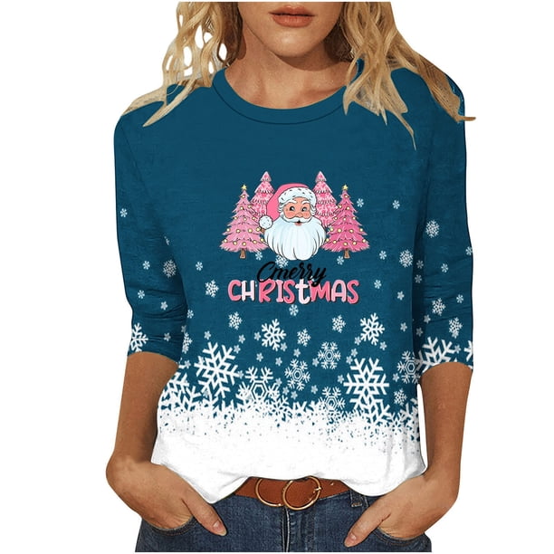 Camisetas de Navidad para Mujeres, 3/4 Manga Cuello Redondo Blusa con Estampado de Vacaciones, Top de Moda Casual