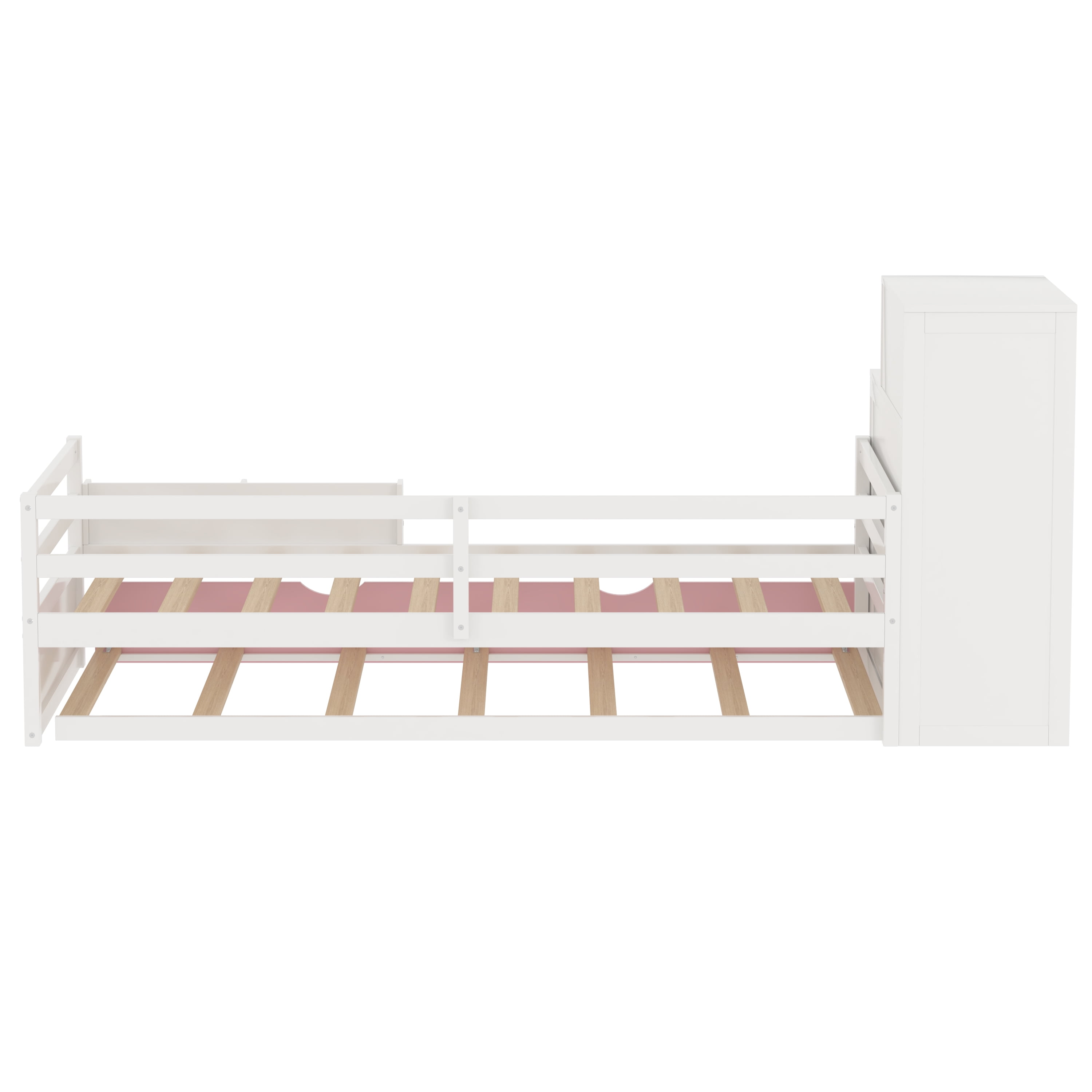 Gewnee Modern Twin Size Wood Platform Bed with Bookshelf and Movable Wardrob Bed Frame