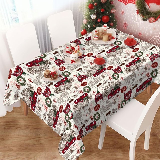 Christmas Tablecloths for Rectangle Tables 60 X 84, Truck Christmas Tree Tablecloth, Stain Proof Dining Table Cover for Holiday