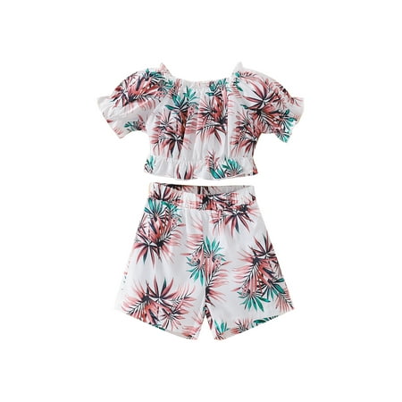 

Toddler Little Girl Banana Leaf Print Ruffle Short Sleeve Crop Tops Shorts 2Pcs Summer Outfits