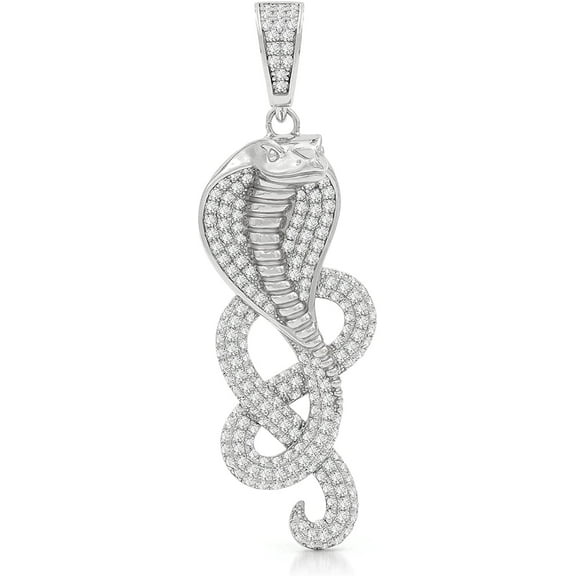 .925 Sterling Silver King Cobra Snake, Hip Hop, Pendant Only, Micro Pave Cubic Zirconia, Giorgio Bergamo Silver