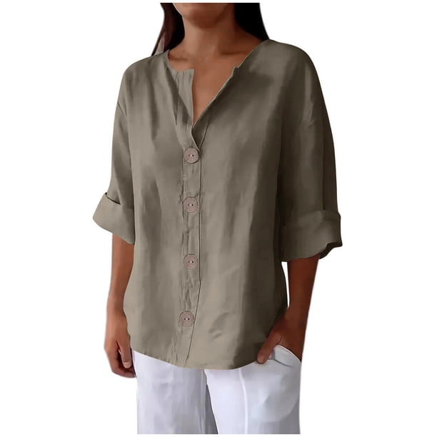 Vestidos Casuales Para Mujer, Blusas De Mujer De Moda Blusa de lino con cuello en V, manga 3/4 y botones, suelta, de color liso, para mujer