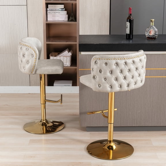 Nmkwnr 2 Pack Adjustable Seat Height Barstools with Metal Frame, Swivel Bar Stools for Dining Room, Kitchen, Beige