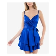 B DARLIN Womens Blue Pleated Zippered Layered Tie Sash Spaghetti Strap Surplice Neckline Mini Party Fit + Flare Dress Juniors 13