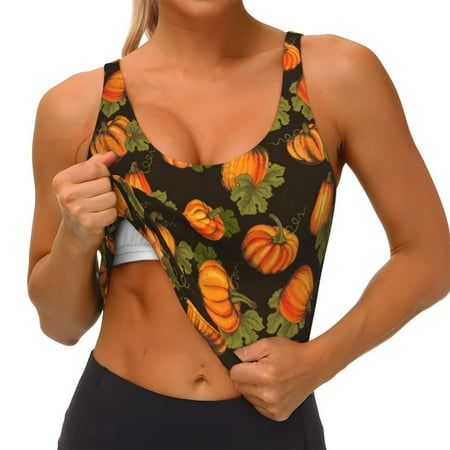 Qokaie Orange Pumpkin Pattern Womens Scoop Neck Sports Bra Breathable Workout Vest Padded U Back Medium Impact Fitness Gym Yoga Bra Workout Crop Top