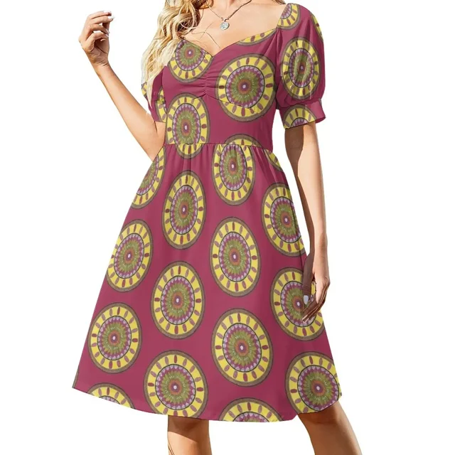 Flor amarilla flor púrpura jarrón Mandala vestido de manga corta vestidos de mujer vestido para mujer vestido de verano cumpleaños para mujer