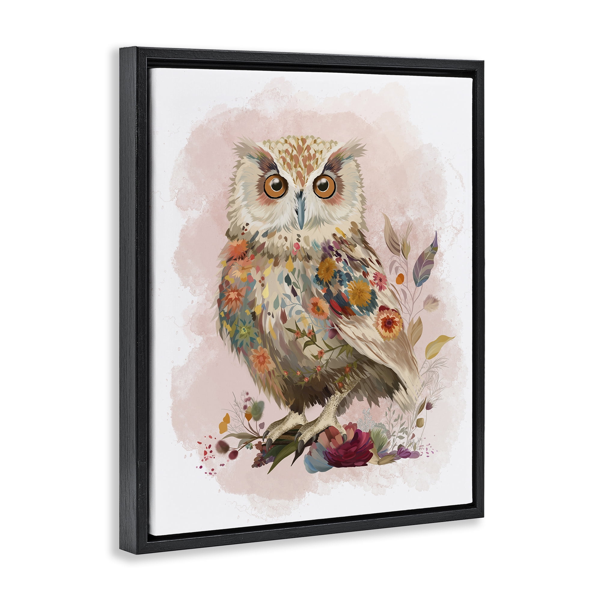 Stupell Industries Owl & Wild Blooms Animals & Insects Painting Black Floater Framed Canvas Art Print Wall Art, 25 x 31