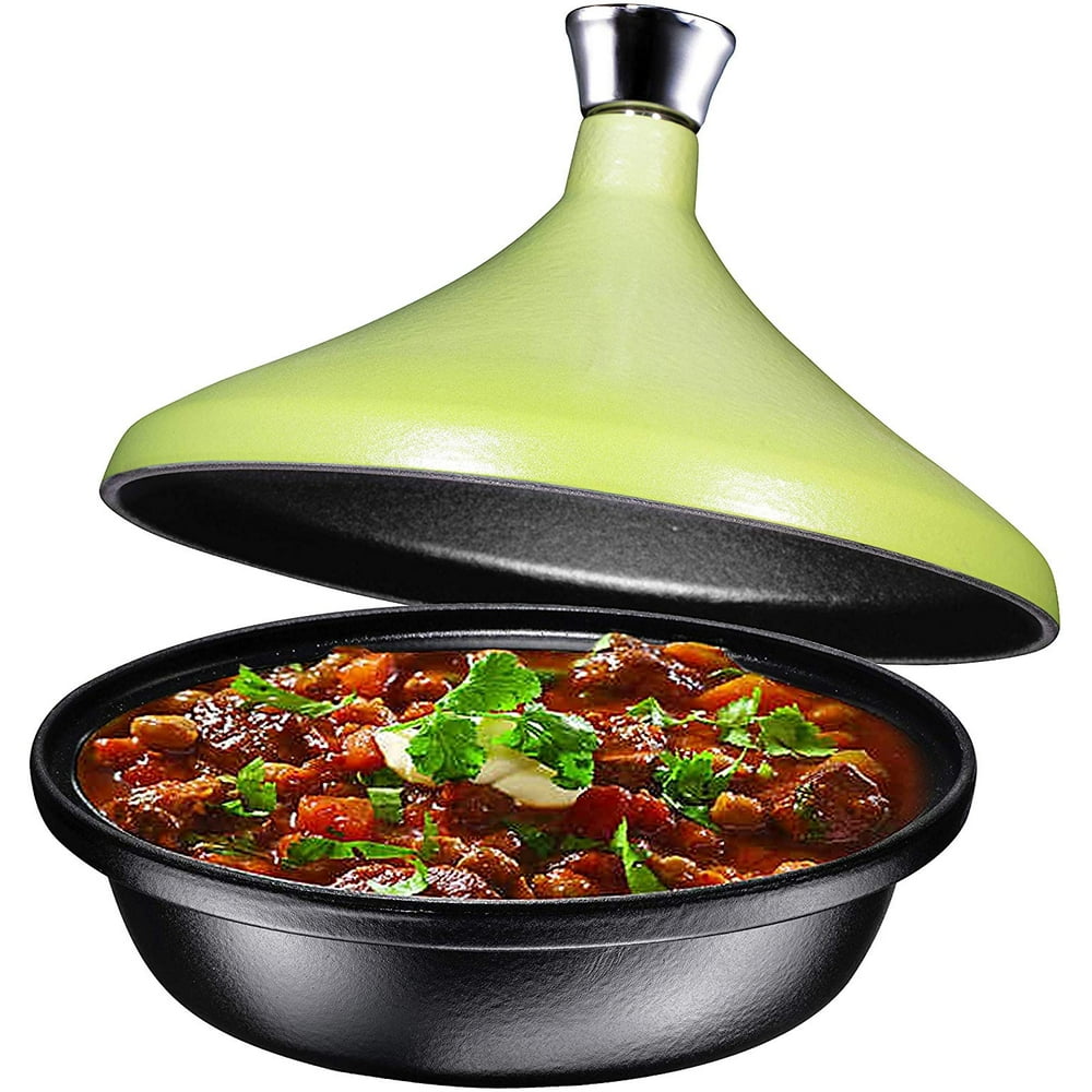 Cast Iron Tagine Pot, Enameled Matte Green, 4 Quart, By Bruntmor