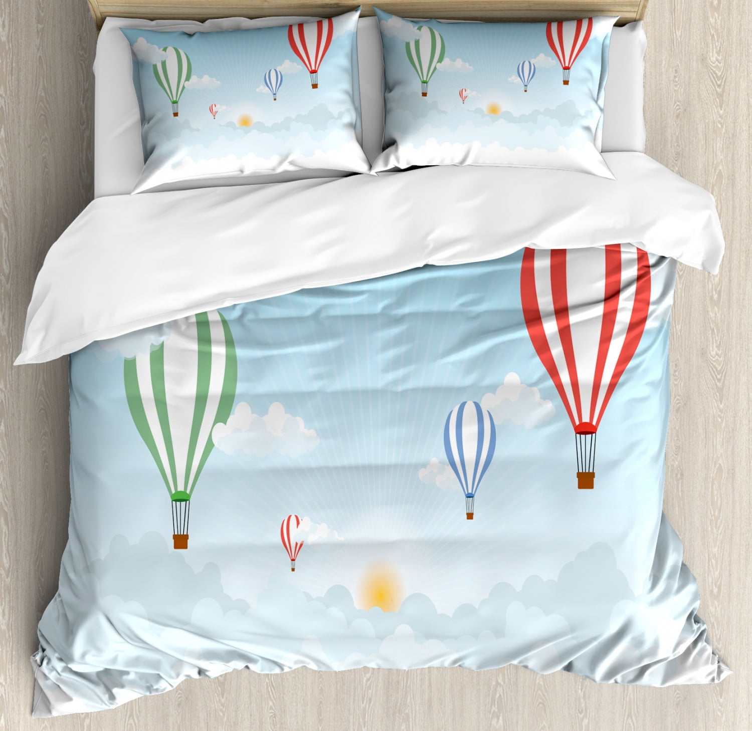 Hot Air Balloon Duvet Cover Set, Over the Clouds Vehicles Air Transport