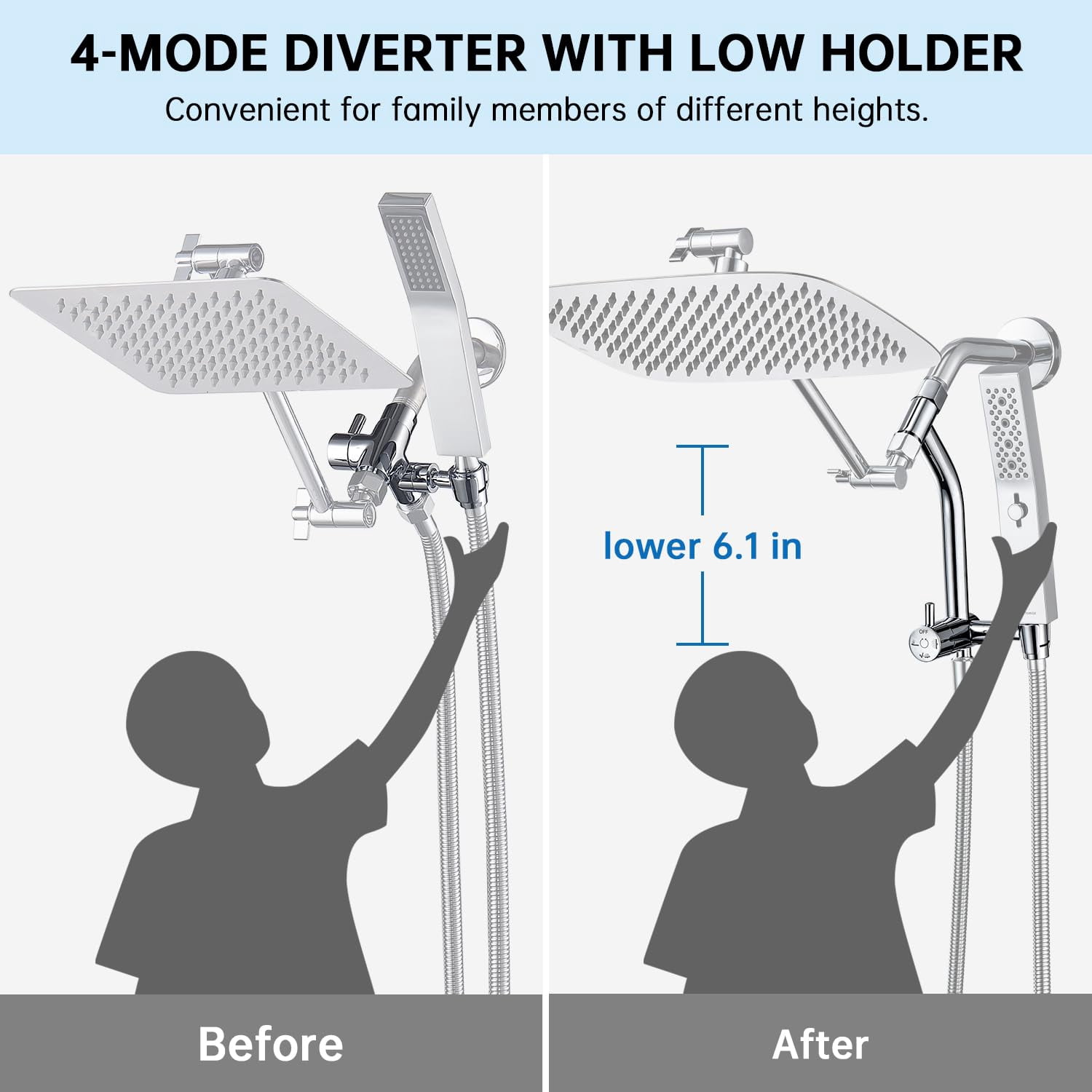 All Metal 12 Inch Shower Head With Massage Mode Handheld  Rain Spray Combo 3-way Diverter Pause Setting 11 Adjustable Extension Arm (chrome)