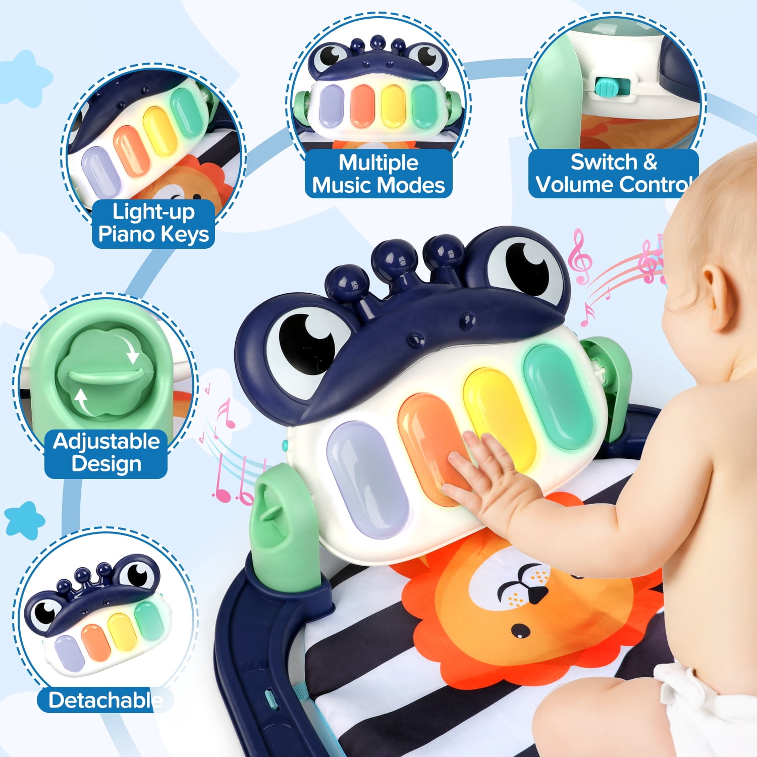 UUSUOO Baby Gym Play Mat,Kick and Play Piano Gym Tummy Time Activity Mat with 5 Infant Sensory Toys,Music and Lights, Boys & Girls Gift for Newborns 0-3-6-9-12 Months