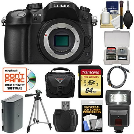 Panasonic Lumix DMC-GH4 4K Micro Four Thirds Digital Camera Body with 64GB Card + Battery + Case + Tripod + Flash + Accessory