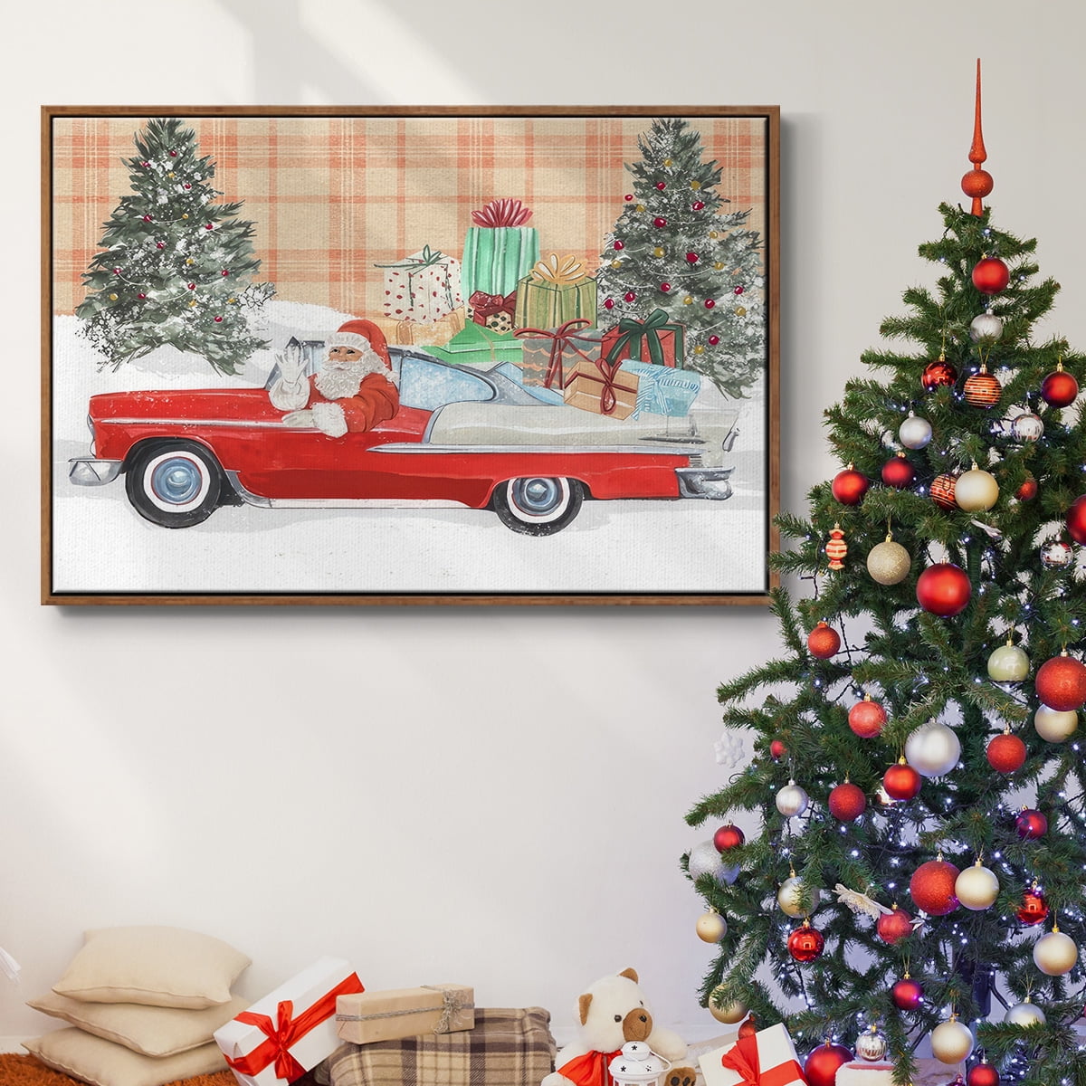 Santa on Wheels II - Framed Gallery Wrapped Holiday Canvas - 25 x 37 - Rosewood Frame