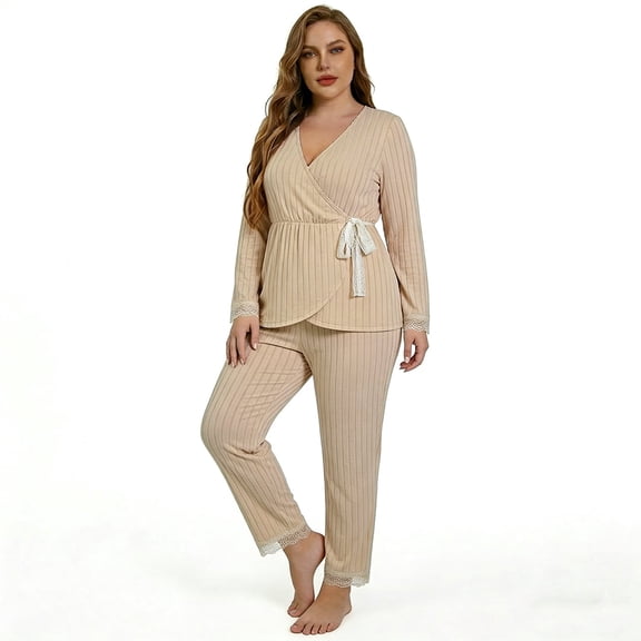 MecTo Women Pajamas Sets, Lady Ribbed Knit V-neck Long-Sleeved PJ, 2 piece, Size M