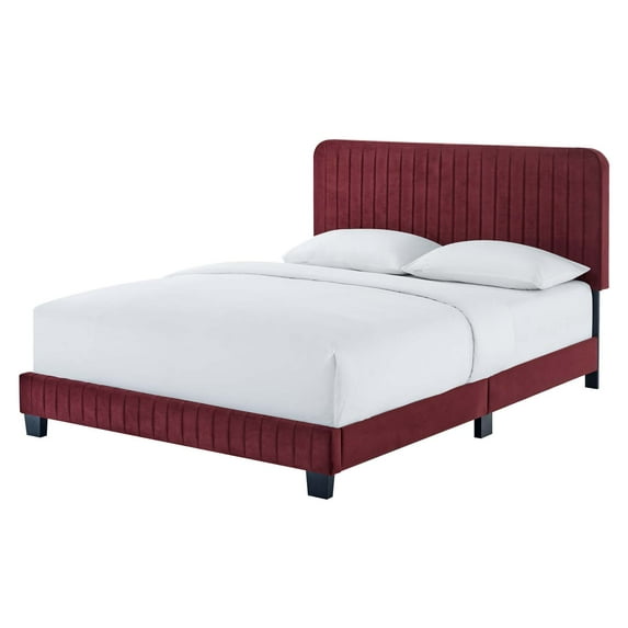 Tufted Platform Bed Frame, Full Size, Velvet, Red, Modern Contemporary Urban Design, Bedroom Master Guest Suite