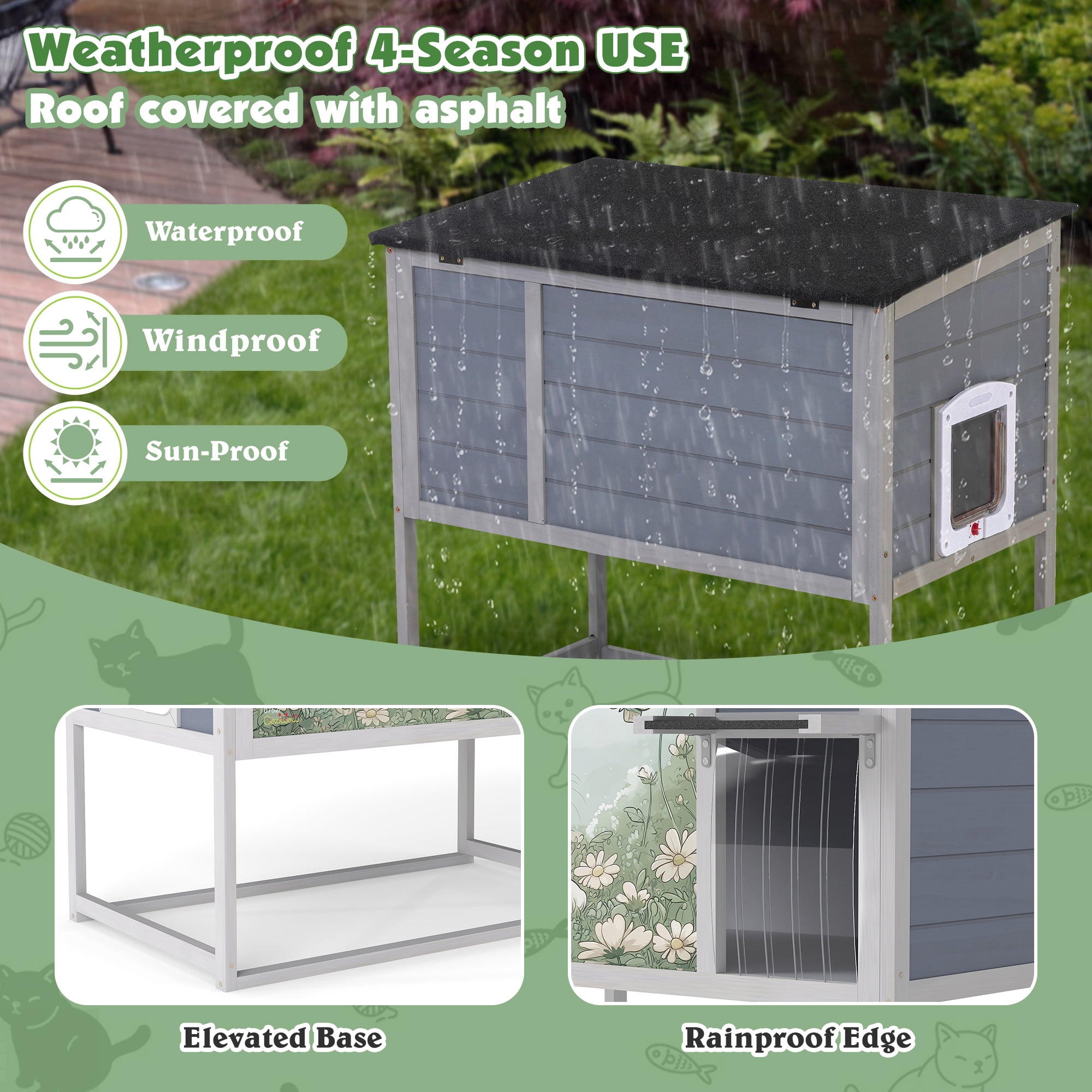 Outdoor Cat House, Wood Cat Enclosure with Elevated Leg Frame, Openable Roof, Curtained Door, Escape Door, Weatherproof Pet Condo for Feral Cats, Gray