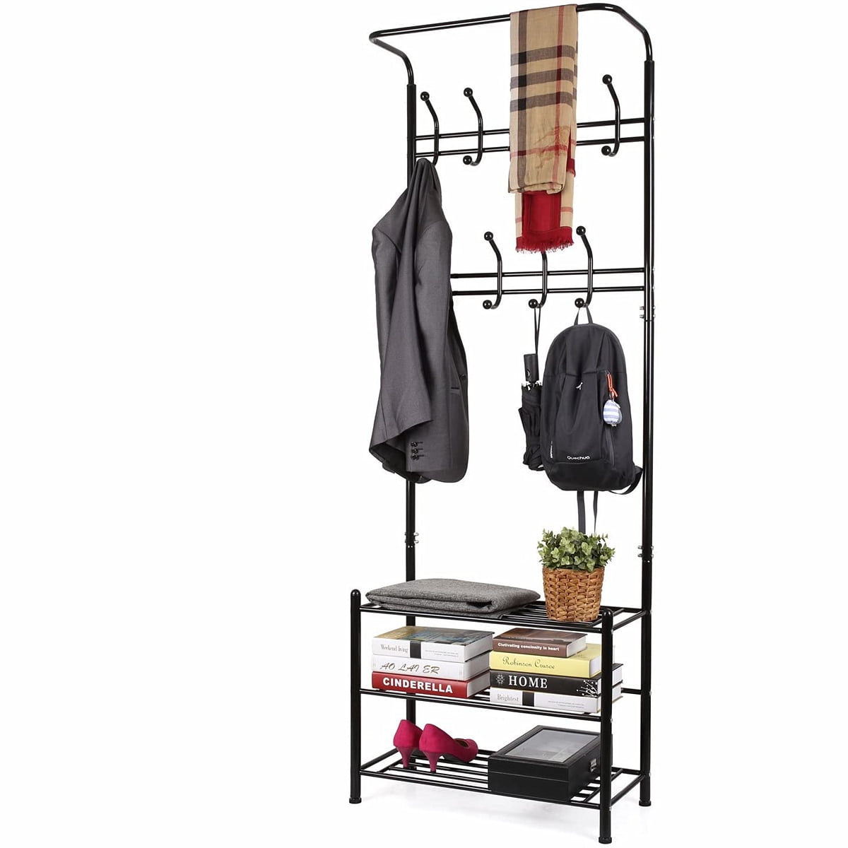 Metal Entryway Coat Shoe Rack 3tier Shoe Bench with Coat Hat Umbrella