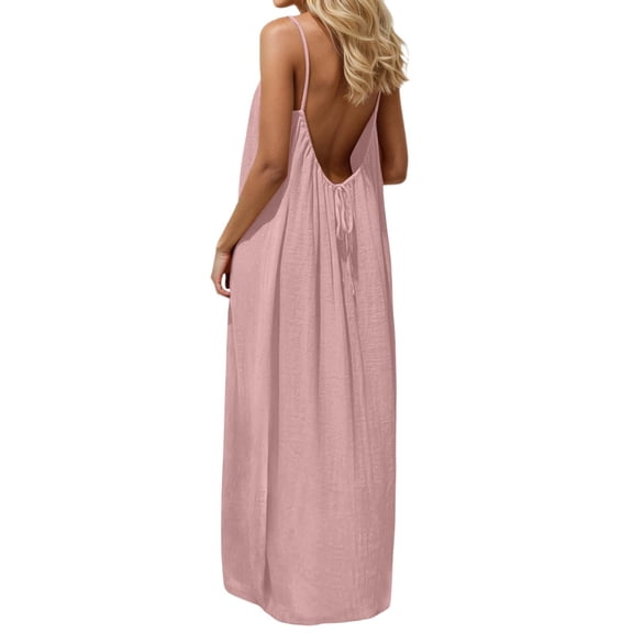 longantii Backless Cami Dresses for Women Cami Lounge Dress Backless Solid Color Sleeveless House Dress Long Sundress with Back Tie Pink XXXXL